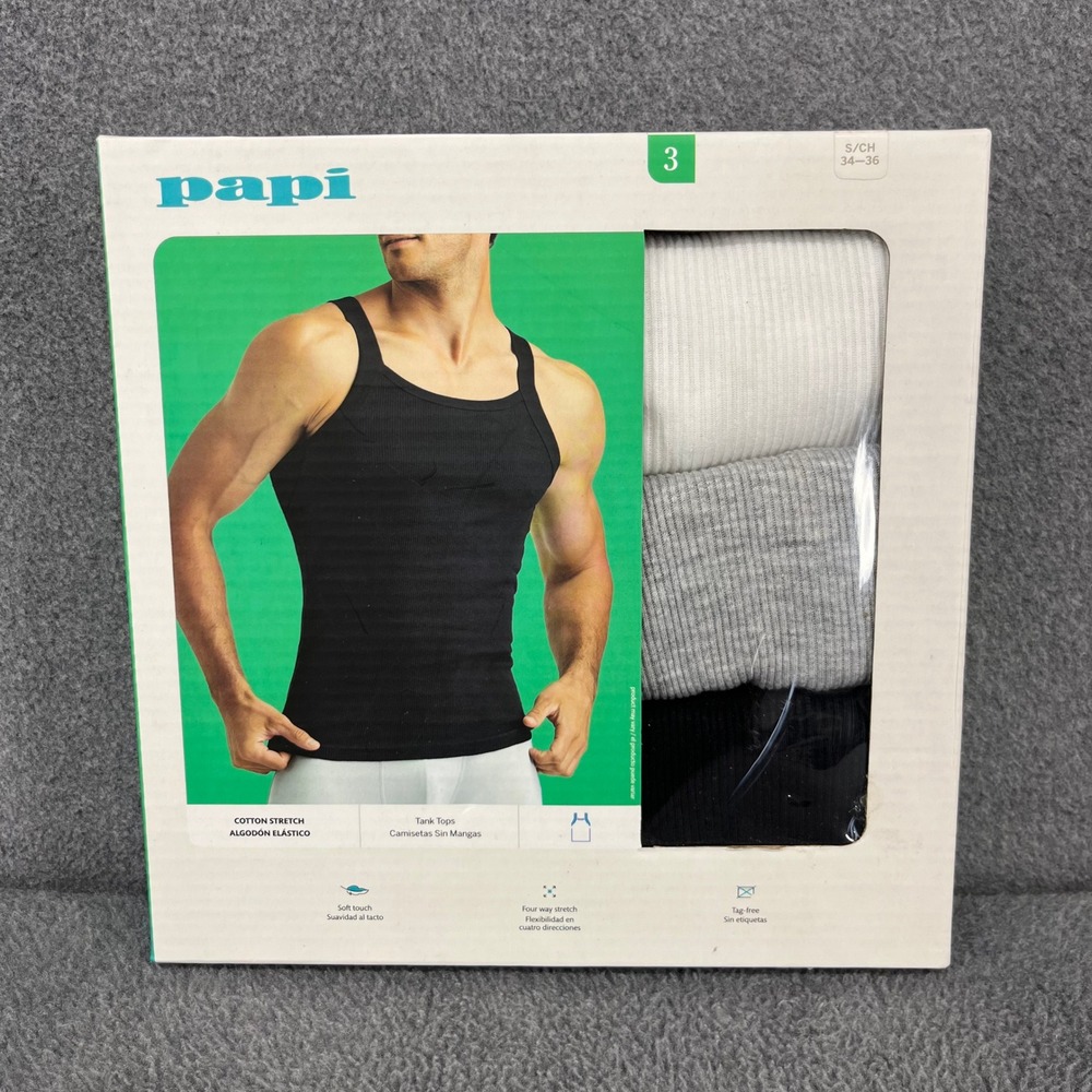 Papi Tank‎ Tops Mens Small 3-Pack White Grey Black Cotton Stretch Ribbed A-Shirt